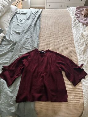 Burgundy Knit Sweater with Tie Sleeve Detail